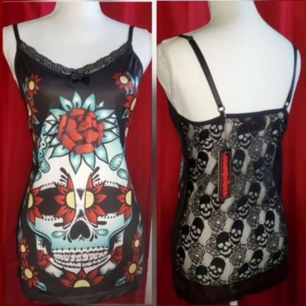 Black and Red Skull Lace Print Women's Cami Top